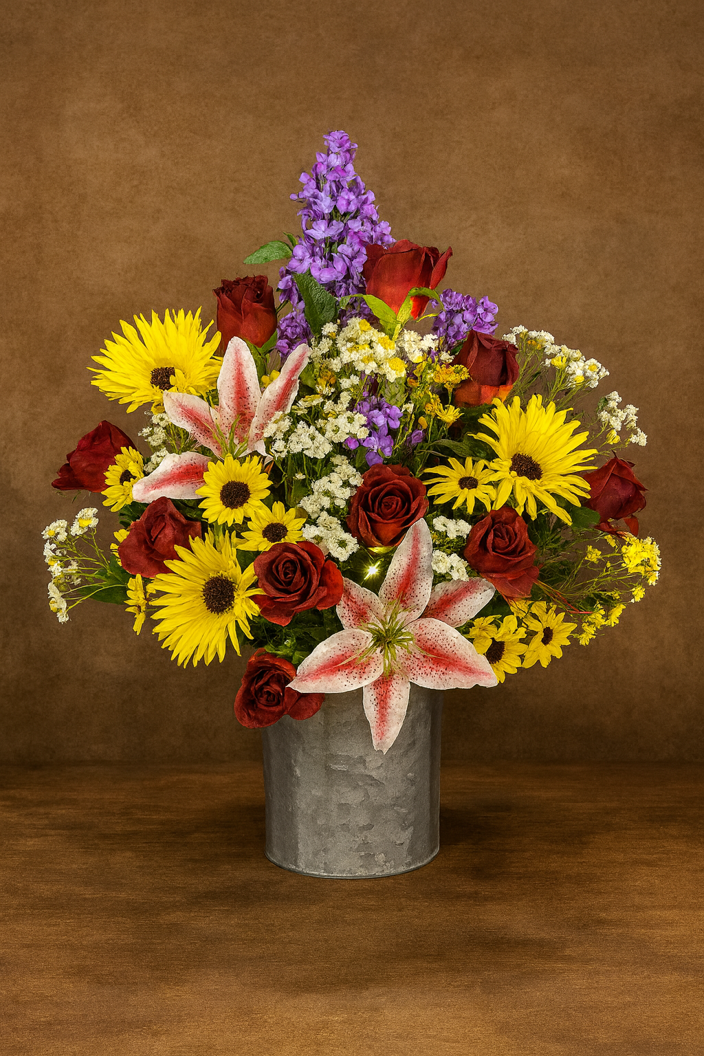 A bouquet of various flowers including red roses, yellow daisies, white lilies with pink spots, purple statice, and baby's breath in a gray vase against a brown background.