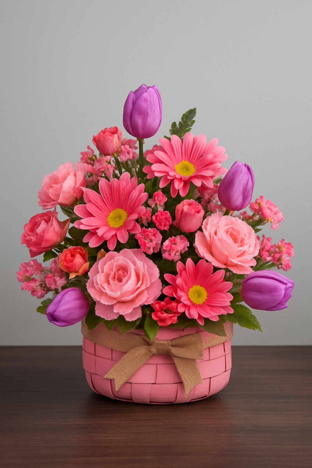 Pink woven basket with a bow containing a pink and purple flower bouquet, placed on a wooden surface against a plain gray background.