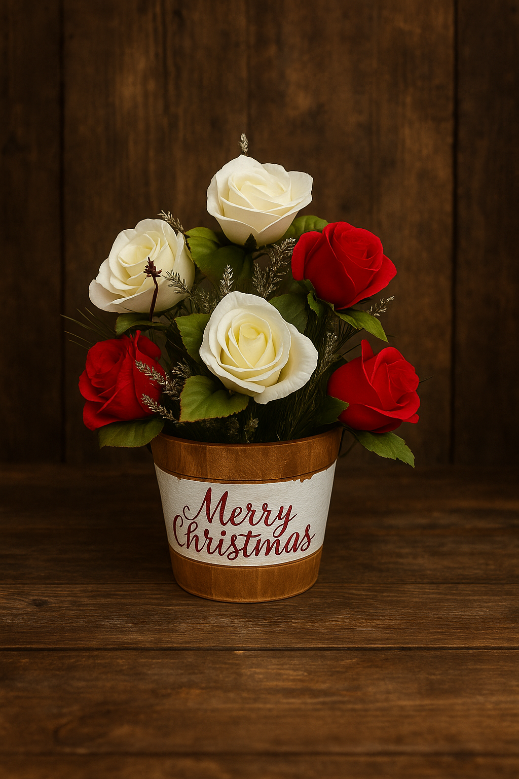 A festive flower arrangement with red and white roses in a wooden pot labeled 'Merry Christmas,' set against a dark wooden background.