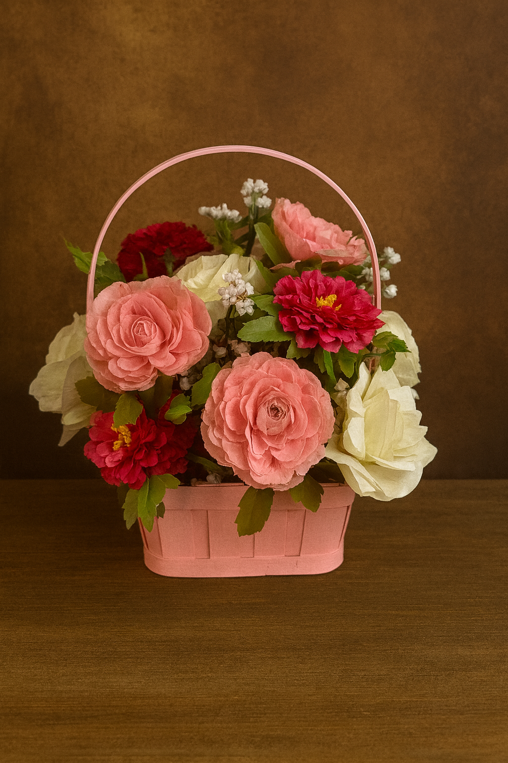 A pink basket filled with pink, red, and white artificial flowers, including roses and carnations, set against a brown background.