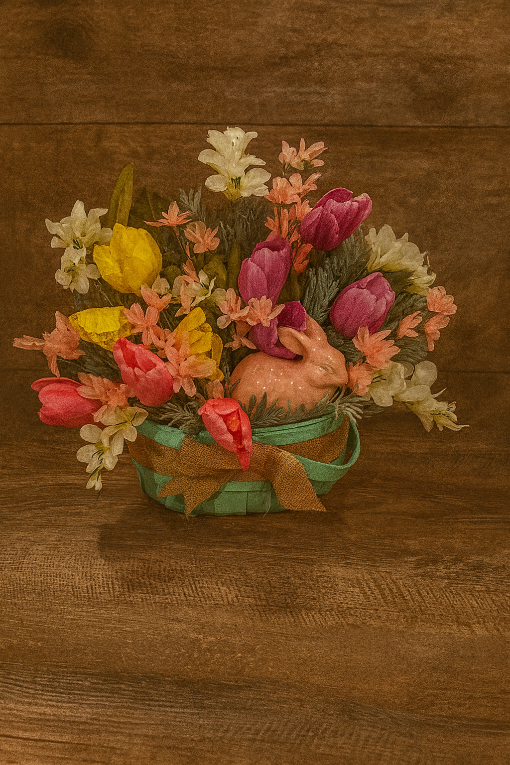 A basket with a green ribbon and orange bow containing a farm-shaped bunny figurine and a colorful arrangement of pink, yellow, and white flowers.