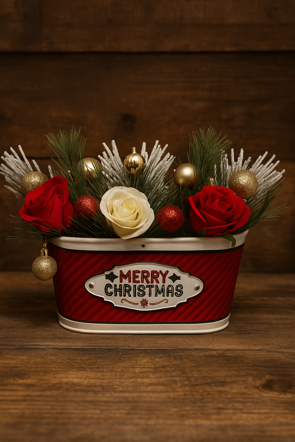 Decorative Christmas basket with red and white roses, green pine branches, and gold ornaments, with 'Merry Christmas' sign, on a wooden surface against a wooden background.
