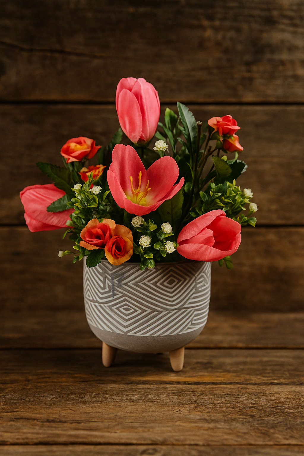 A decorative flower arrangement with pink tulips, small orange roses, green leaves, and tiny white flowers in a patterned ceramic pot on a wooden surface against a wooden background.