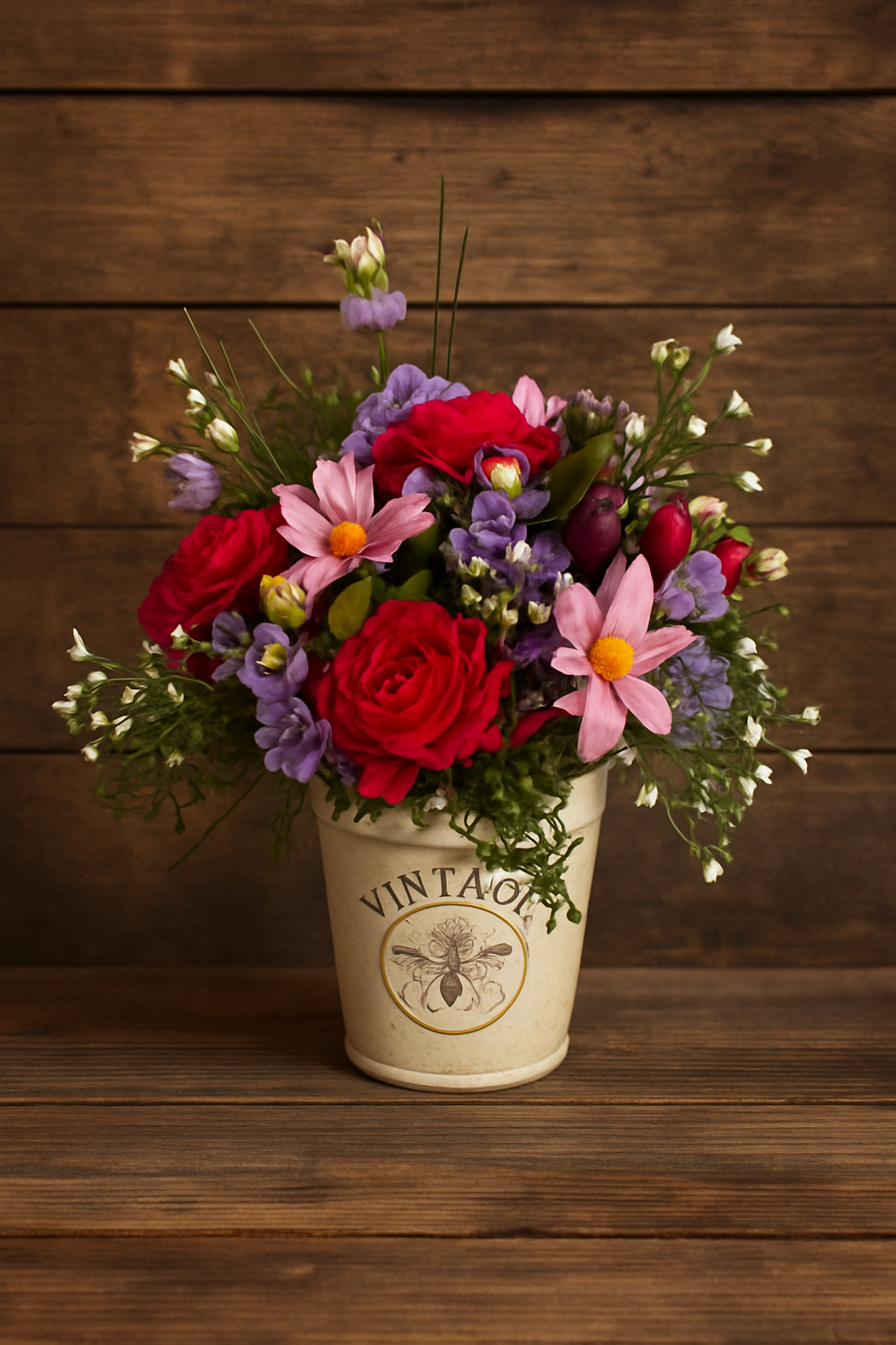 Flower arrangement with red roses, pink daisies, and purple flowers in a cream-colored pot labeled 'VINTAGE' with a bee illustration, on a wooden surface and background.