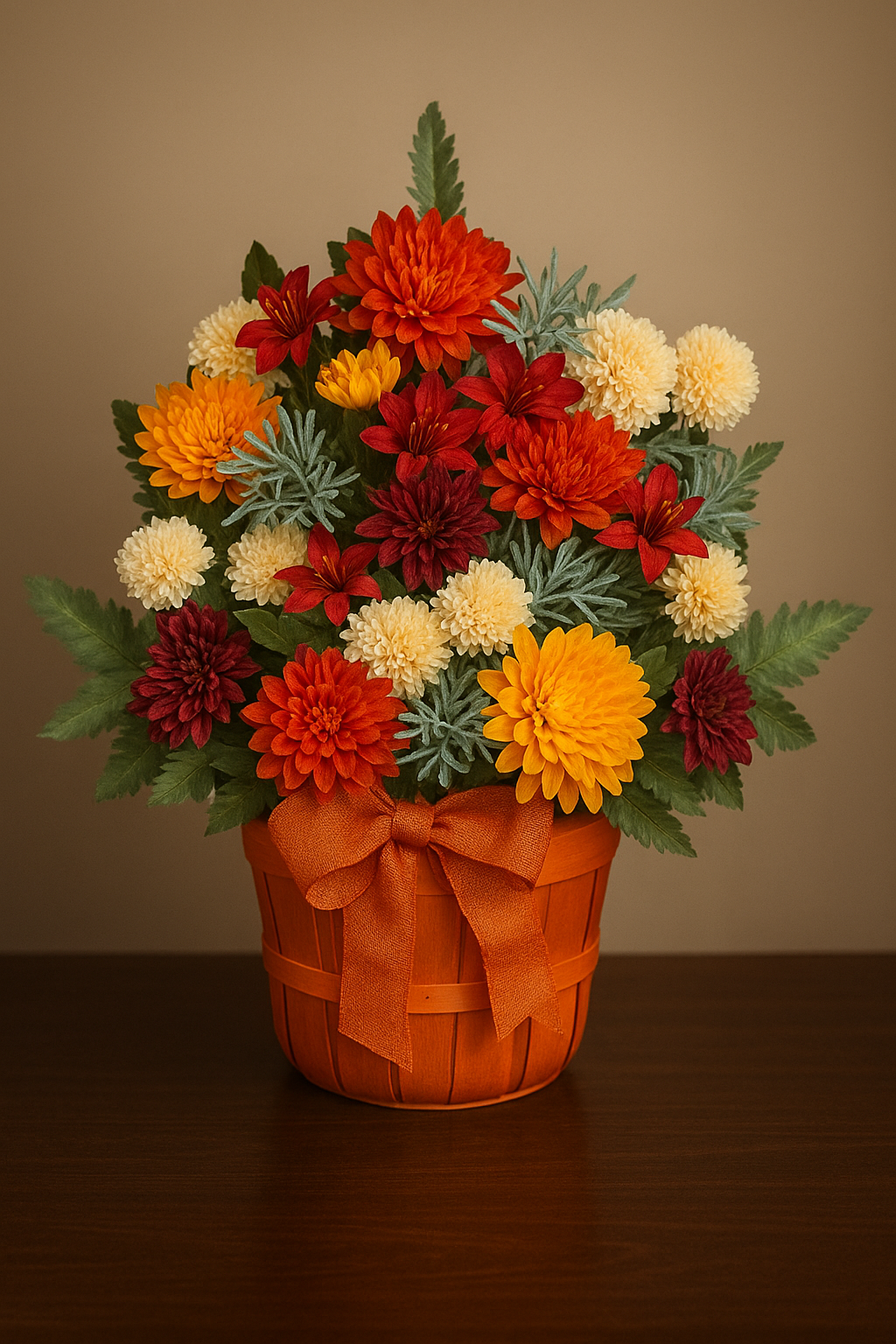 A decorative flower arrangement in a brown basket with a bow, featuring orange, red, yellow, and cream-colored flowers with green leaves.