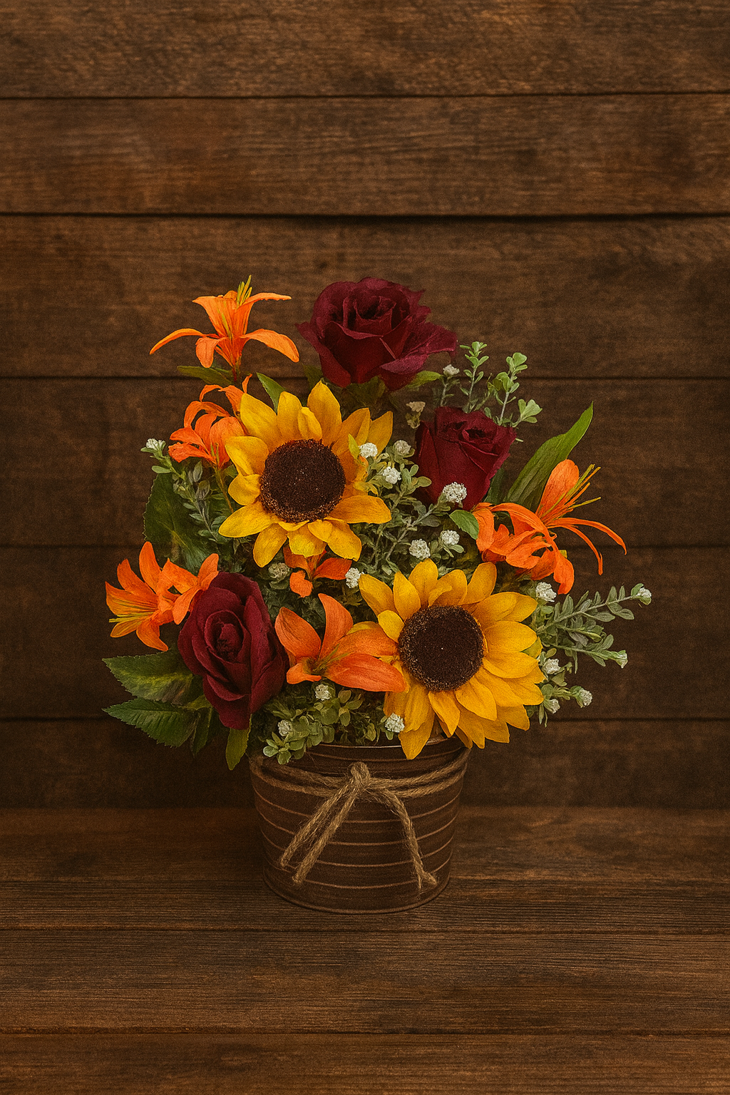 A flower arrangement with red roses, yellow sunflowers, orange lilies, and small white flowers in a brown striped pot with a twine bow, set against a dark wooden background.