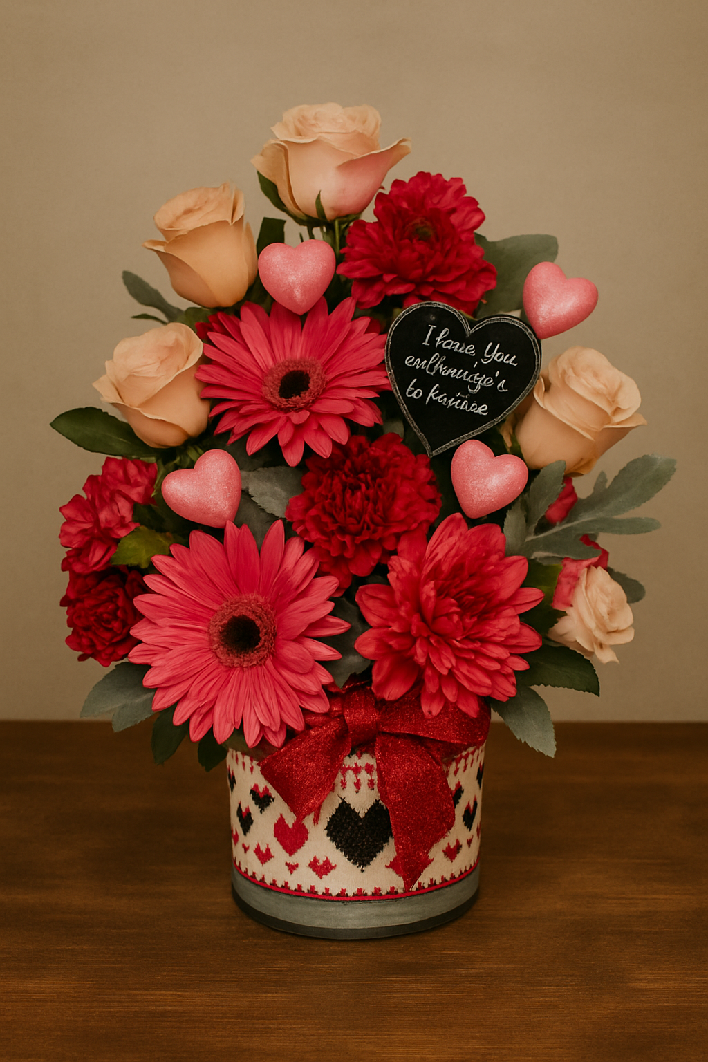 A bouquet of pink and red flowers in a heart-patterned container with a red ribbon, containing pink roses, red carnations, and pink gerbera daisies. A small black heart-shaped chalkboard with white writing says, 'I have You enoughage to karnace,' sur