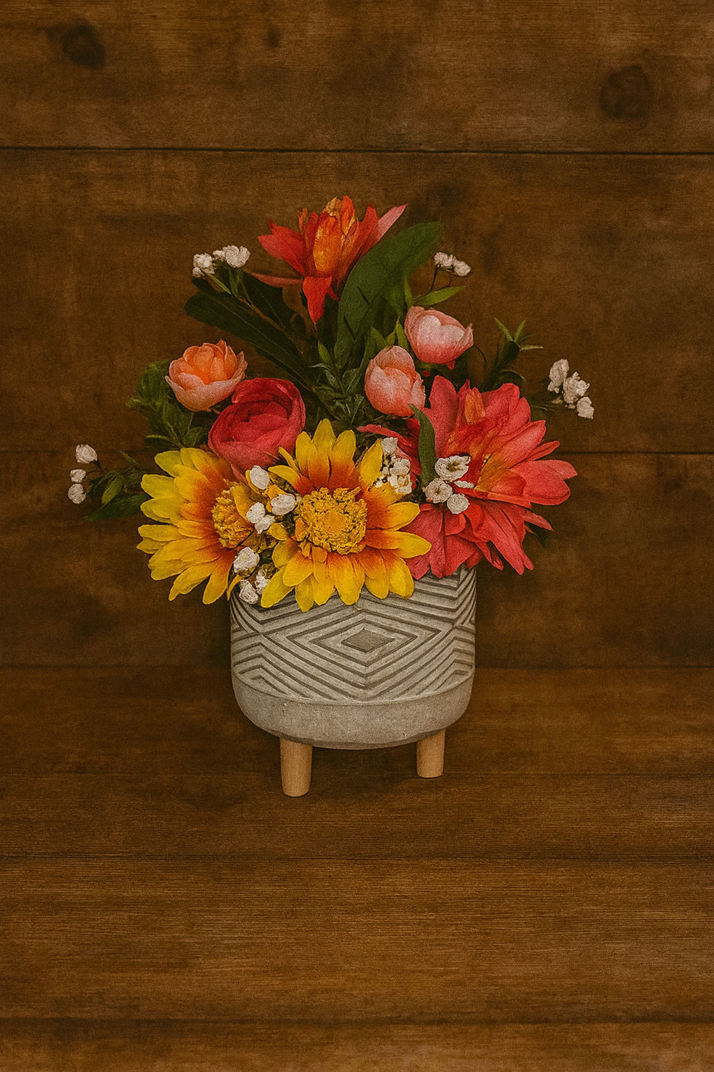 A colorful bouquet of flowers in a geometric-patterned vase on a wooden surface against a wooden wall.