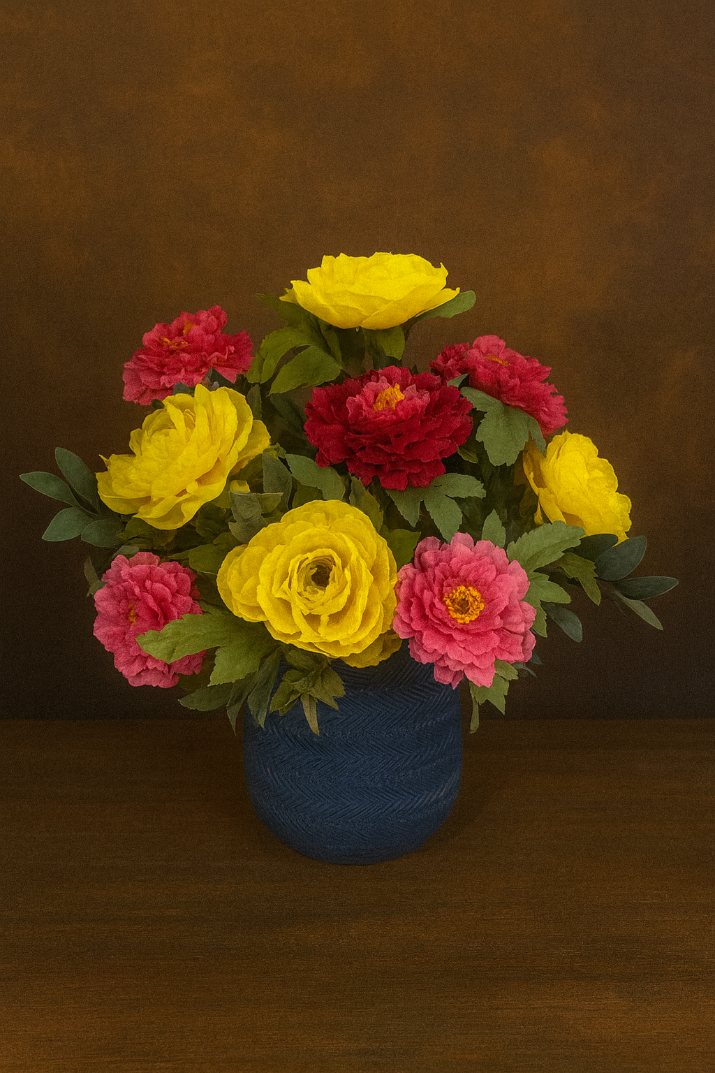 A bouquet of yellow and pink flowers in a dark blue vase on a wooden surface against a dark background.