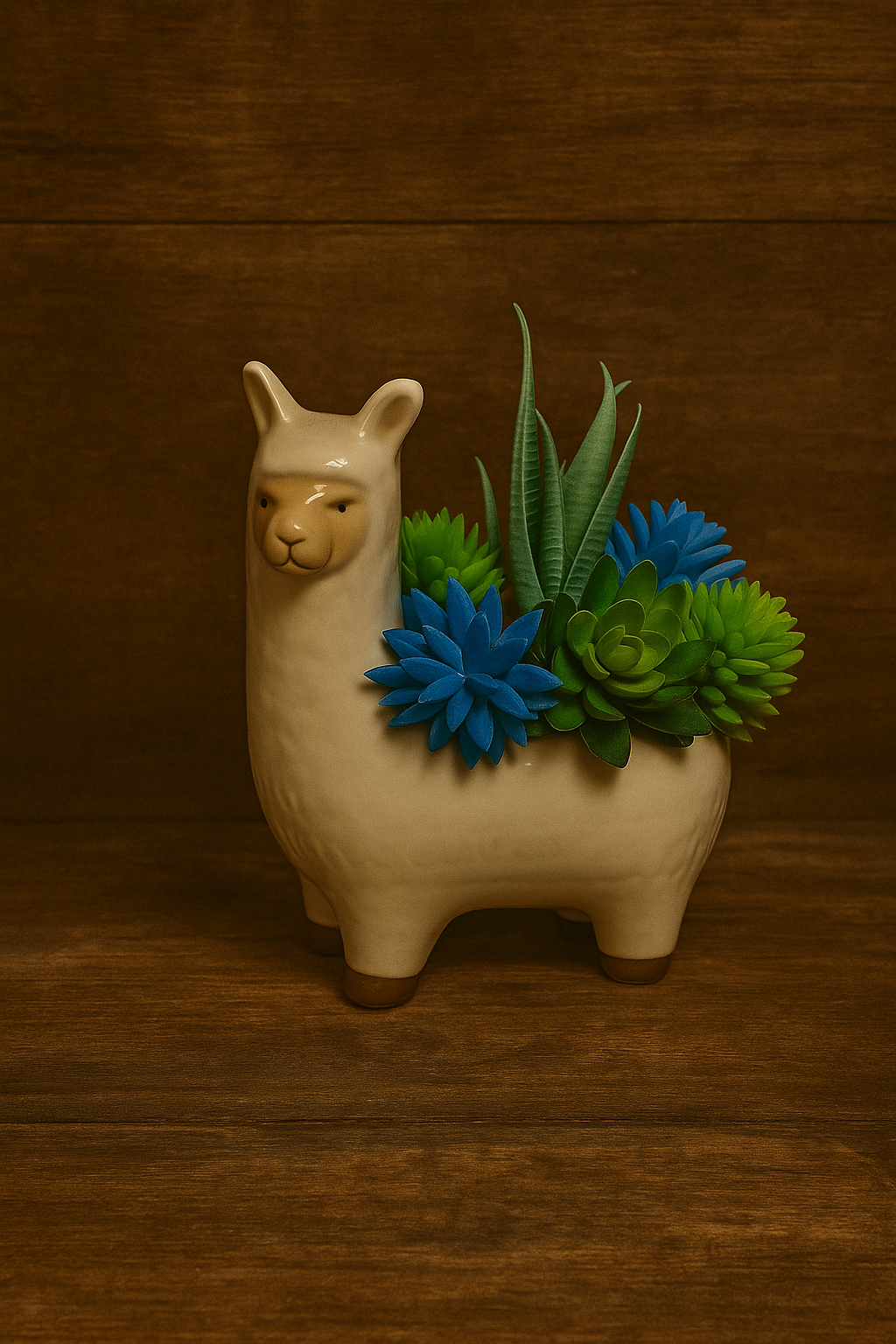 A llama-shaped ceramic planter filled with green and blue succulents on a wooden surface with a wood-paneled background.