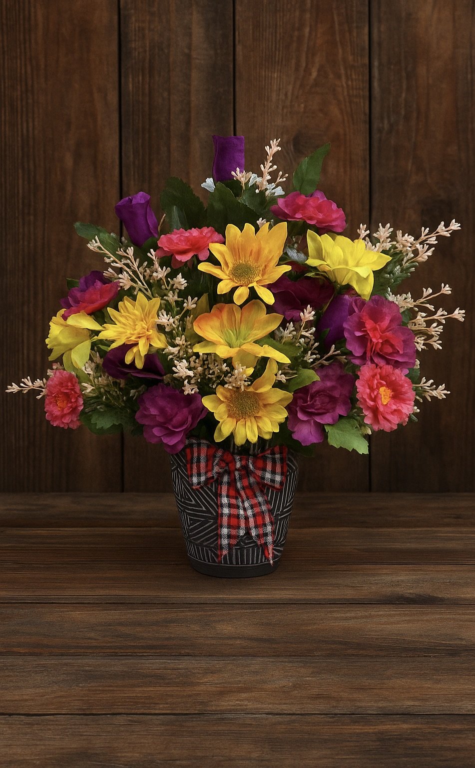 A colorful bouquet of flowers with yellow, pink, purple, and white flowers in a decorative black and white patterned vase with a red checkered ribbon, placed on a wooden surface in front of a wooden wall background.