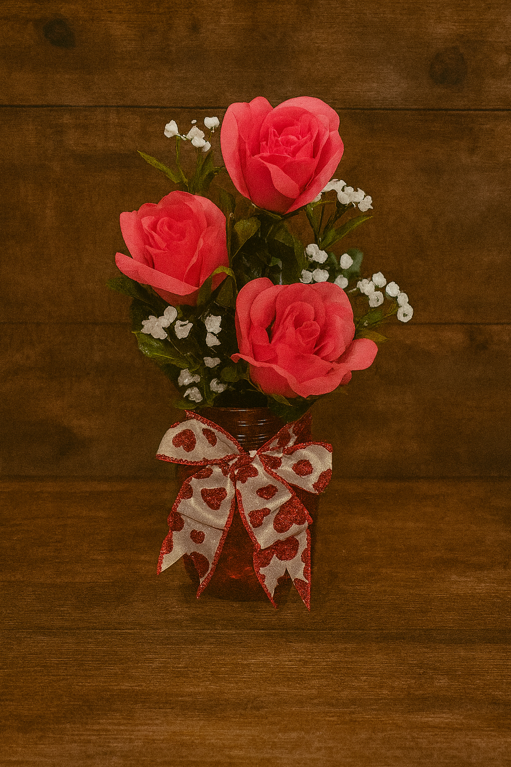 A small bouquet of three pink roses with white baby's breath in a red vase, decorated with a white ribbon with red hearts, on a wooden surface.
