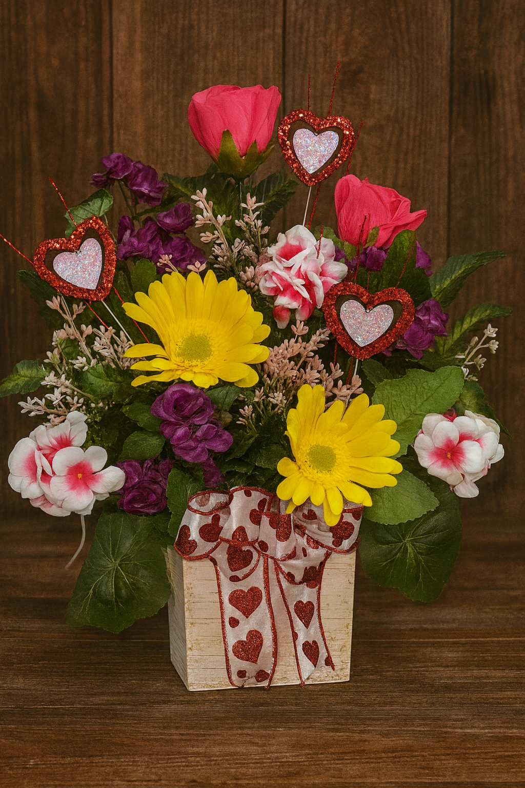 Colorful Valentine's Day flower arrangement with pink roses, yellow daisies, purple flowers, and heart-themed decorations in a white wooden box with a red glitter heart-patterned ribbon.