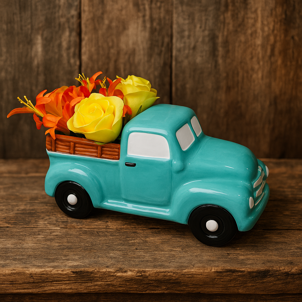 Decorative teal ceramic truck with yellow and orange flowers in its bed, placed on a rustic wooden surface against a wooden wall background.