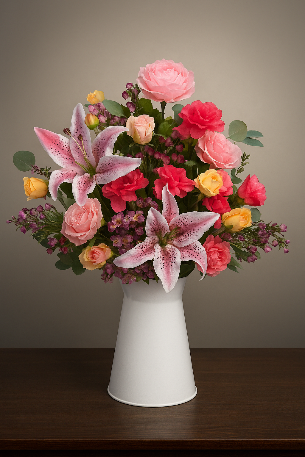 A floral arrangement in a white vase featuring pink lilies, pink roses, yellow roses, and purple flowers on a wooden surface against a neutral background.