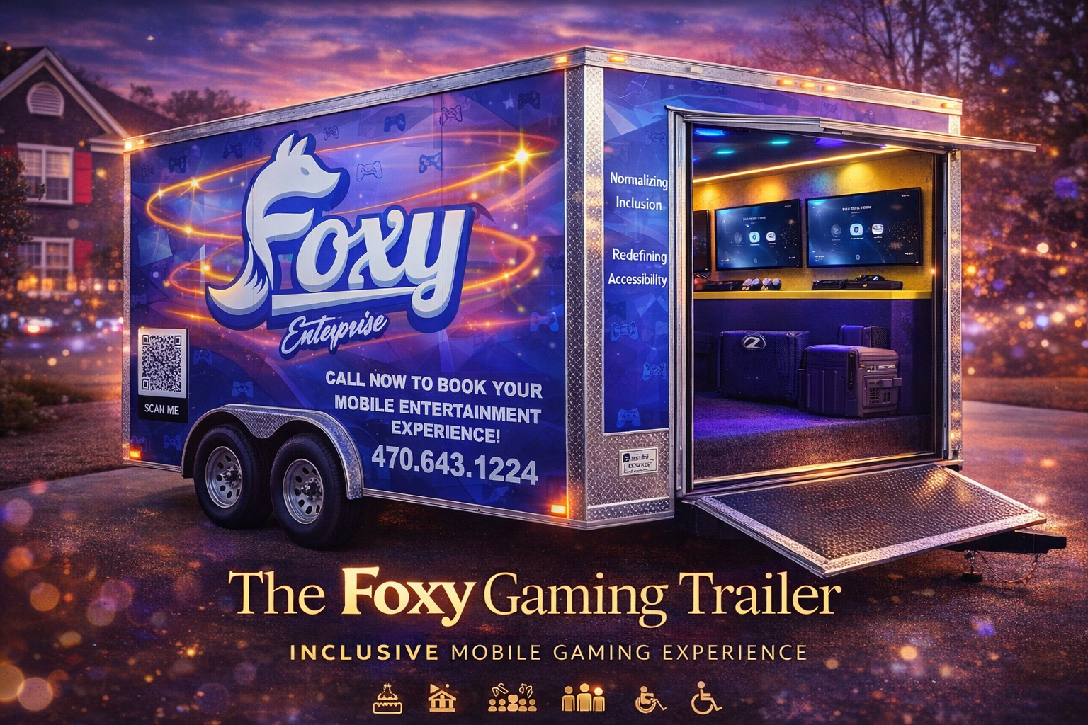 A mobile gaming trailer with bright blue graphics and a fox logo, featuring multiple screens, gaming equipment, and luggage inside. The trailer advertises an inclusive mobile gaming experience and provides a contact number for booking.