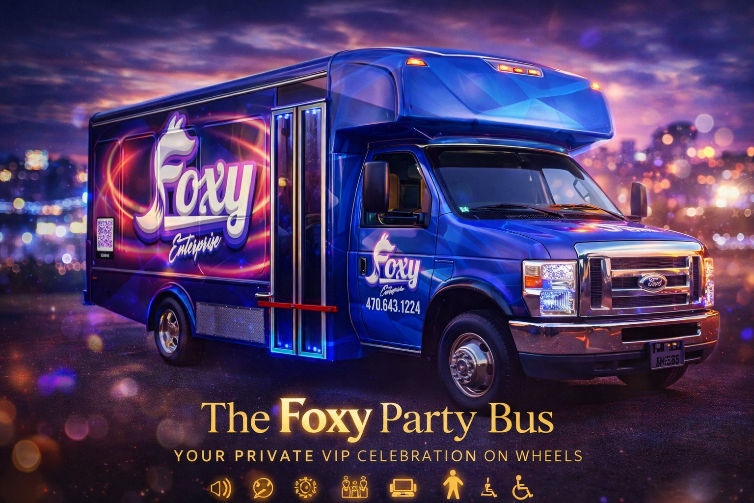 A blue party bus with vibrant neon lighting and branding for 'Foxy Enterprise,' parked at night against a city skyline with blurred lights. The bus features a large fox logo, contact information, and icons indicating VIP amenities.