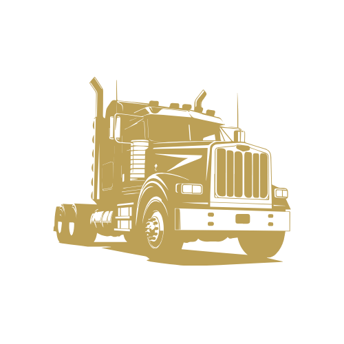 A yellow semi-truck with a prominent front grille and tall exhaust stacks, facing forward on a black background.