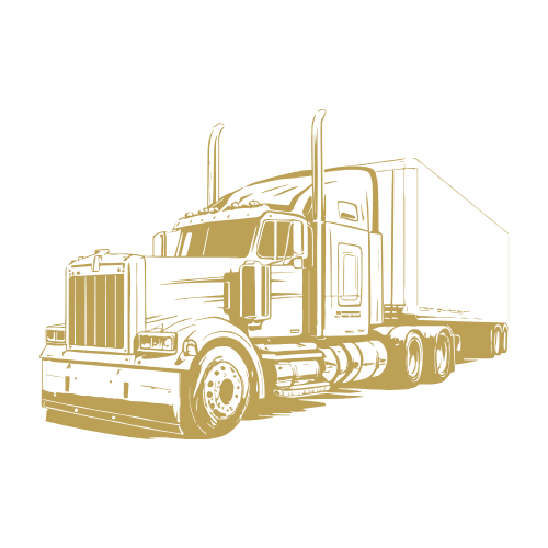 Line drawing of a semi-truck with a large front grille, tall exhaust pipes, and a long trailer attached.