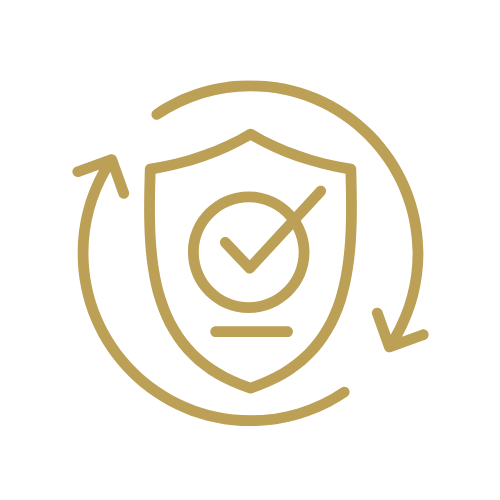 Yellow shield with a checkmark inside a circle, surrounded by a circular arrow with a downward arrow at the end, on a black background.