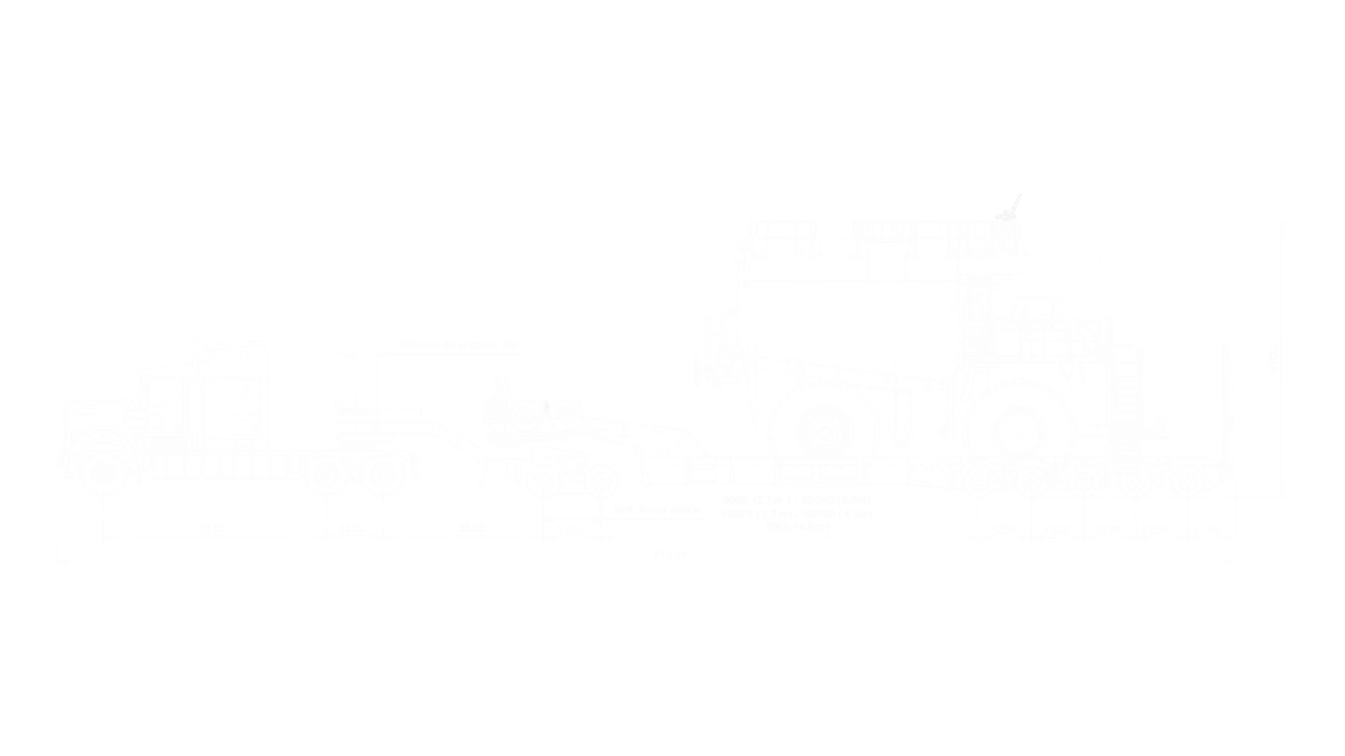 Blueprint of a large mining dump truck with dimensions, side view, including a tractor truck pulling a trailer with the dump truck on it.