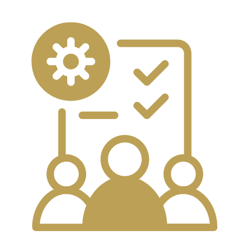 Icon of three people with a gear and checklist, representing team management or project planning.