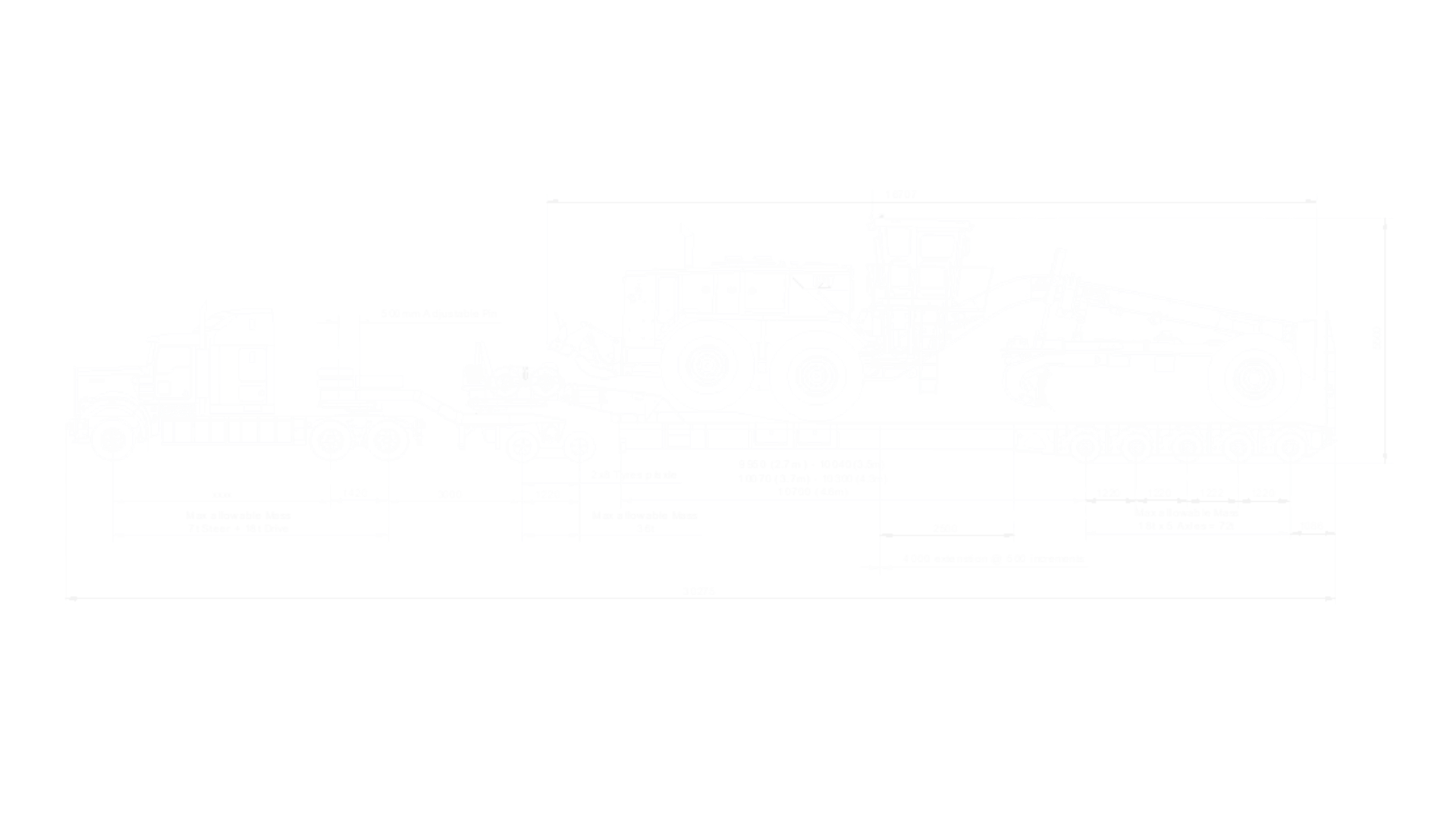 Technical blueprint of a semi-truck and heavy machinery, showing detailed dimensions and specifications.
