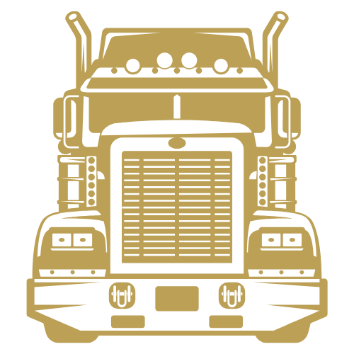 Front view of a gold-colored semi-truck with a large grille and two tall exhaust pipes.