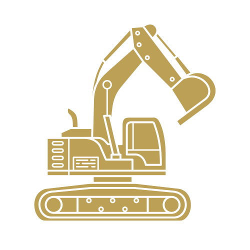 Illustration of a yellow excavator with tracks and a hydraulic arm.