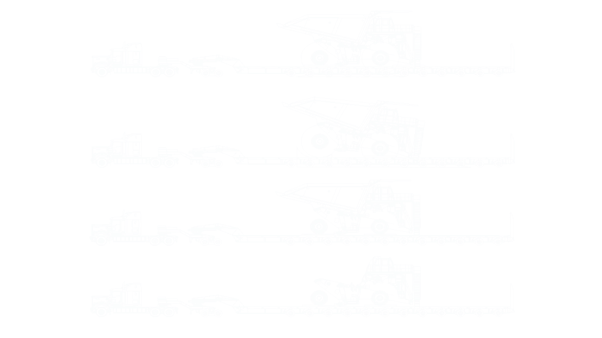 Blueprint outline of a semi-truck transporting a large construction vehicle, shown from side view with different stages of loading, unloading, and securing the vehicle on the trailer.