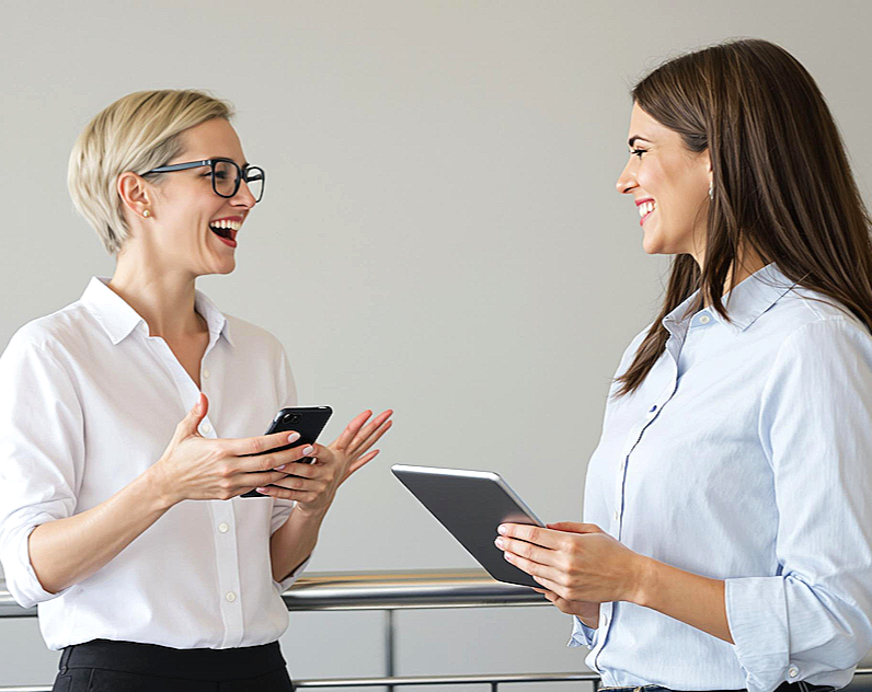 Two women laughing and talking while holding electronic devices in an office setting.
