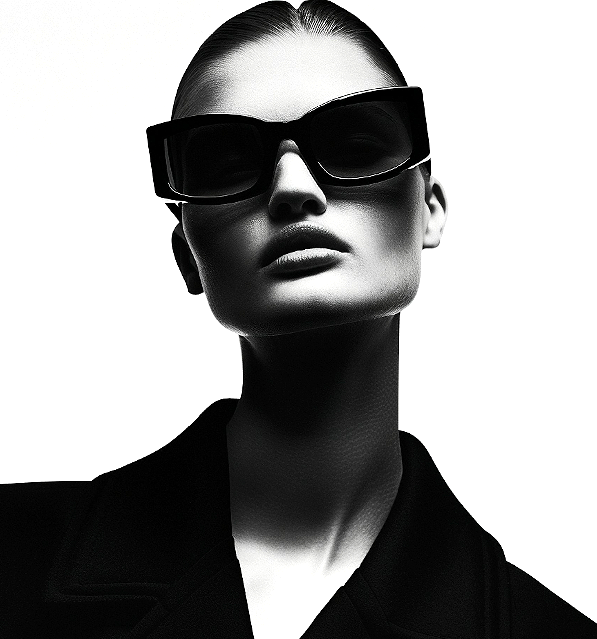 A black and white photograph of a woman with smooth skin, wearing large sunglasses and a dark jacket, with her hair pulled back.