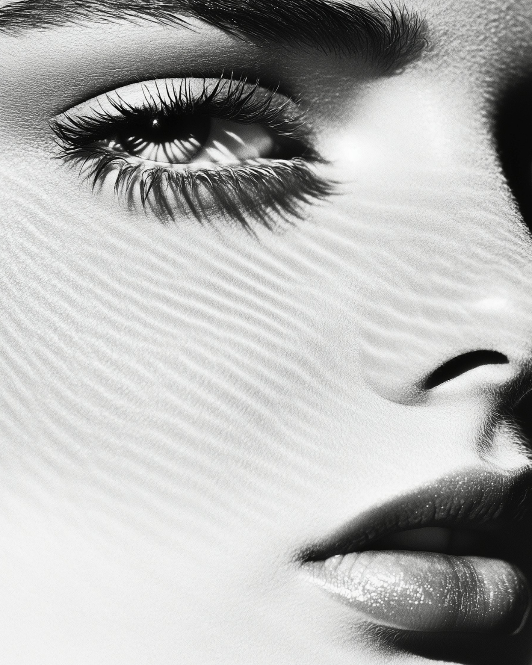 A close-up black and white photograph of a woman's face, focusing on the eye, part of the nose, and lips, with detailed eyelashes and smooth skin texture.