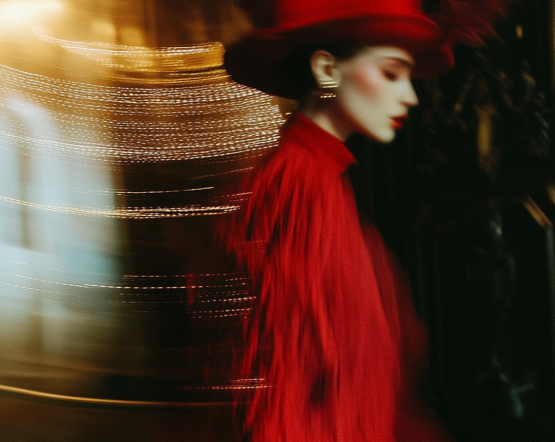 A woman wearing a red hat and red dress with a high collar, standing in a dimly lit area with blurred lights in the background.