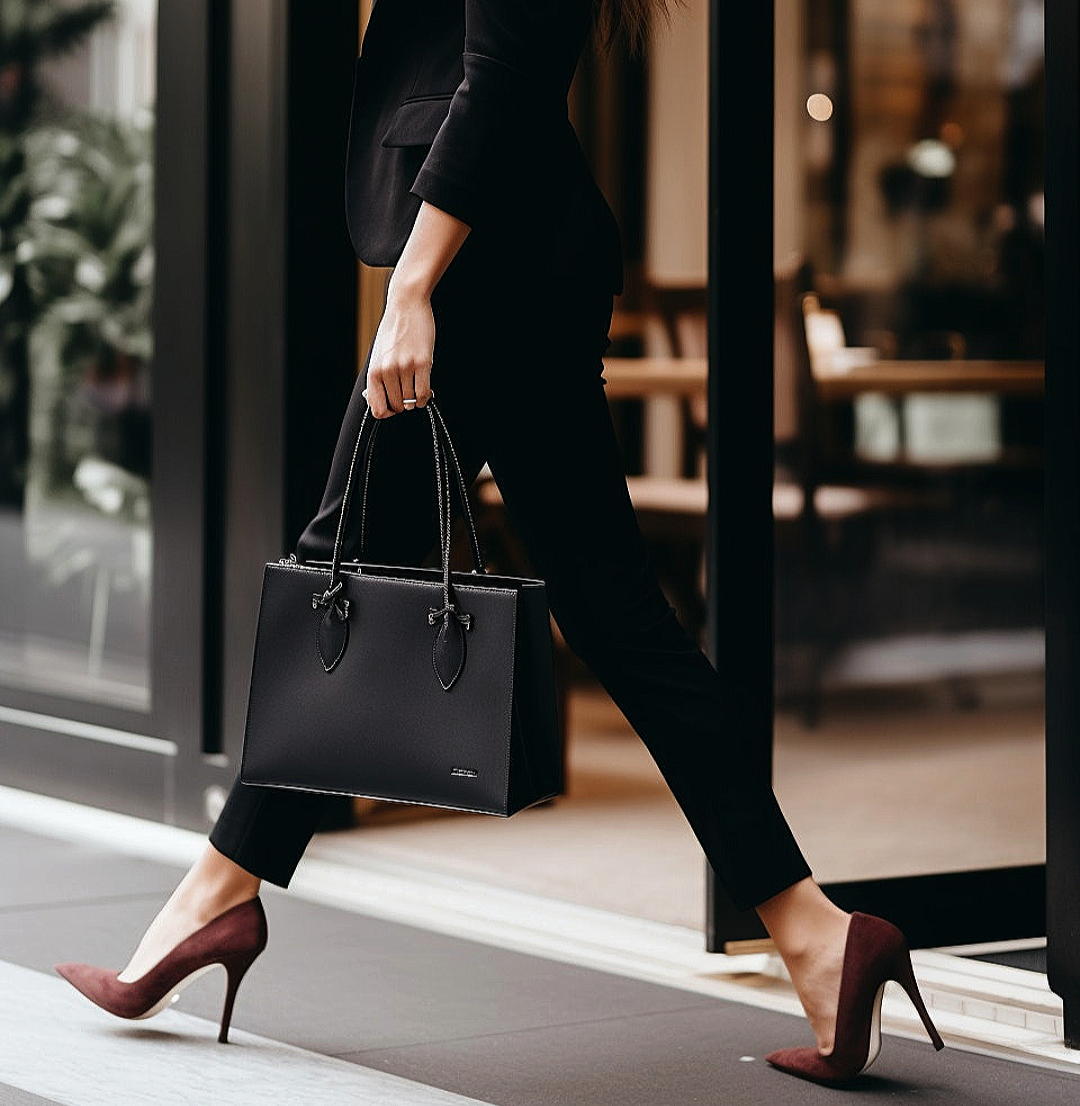 A woman in black heels and a black suit carrying a black handbag is walking out of a business building.