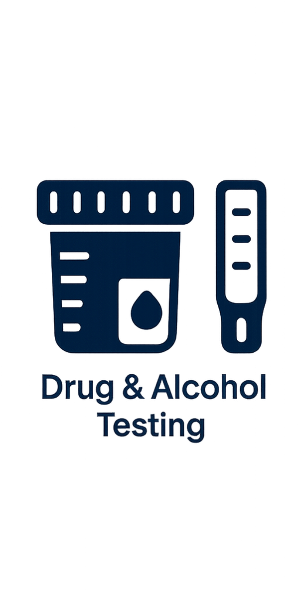 Illustration of a drug test kit with a test tube and a testing device, labeled 'Drug & Alcohol Testing'.
