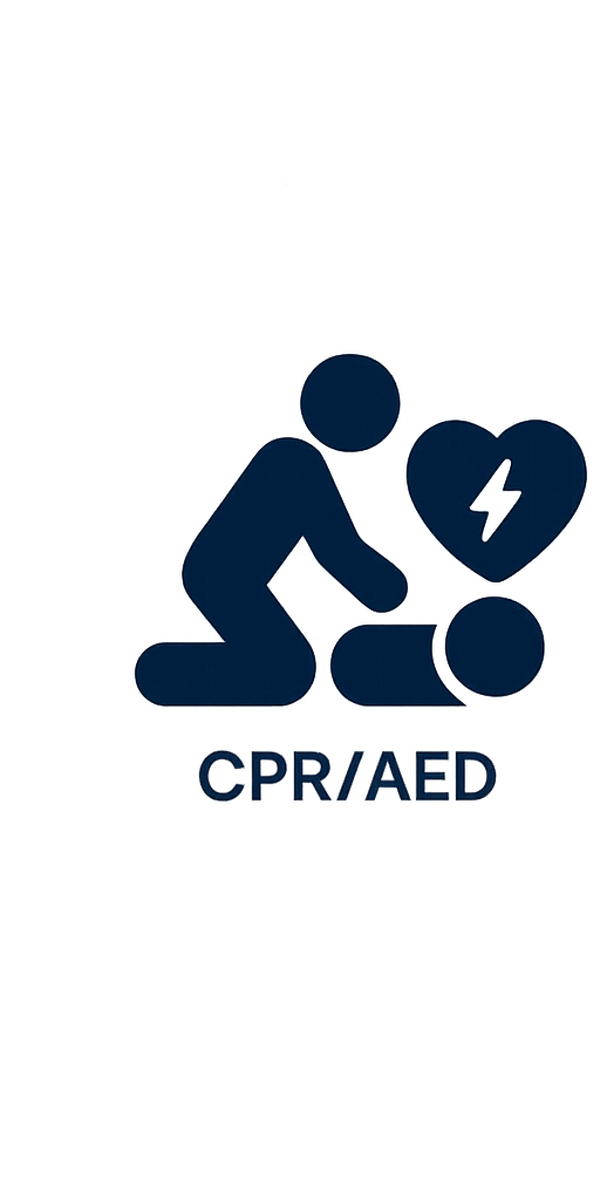 A simplified graphic of a person performing CPR on another person, with a heart and a lightning bolt symbol. The text below reads "CPR/AED."