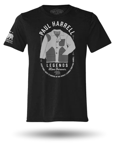 Black T-shirt featuring a graphic of a white and gray jacket, with text that reads 'Paul Harrell Legends Live Forever' and additional small text around the graphic.