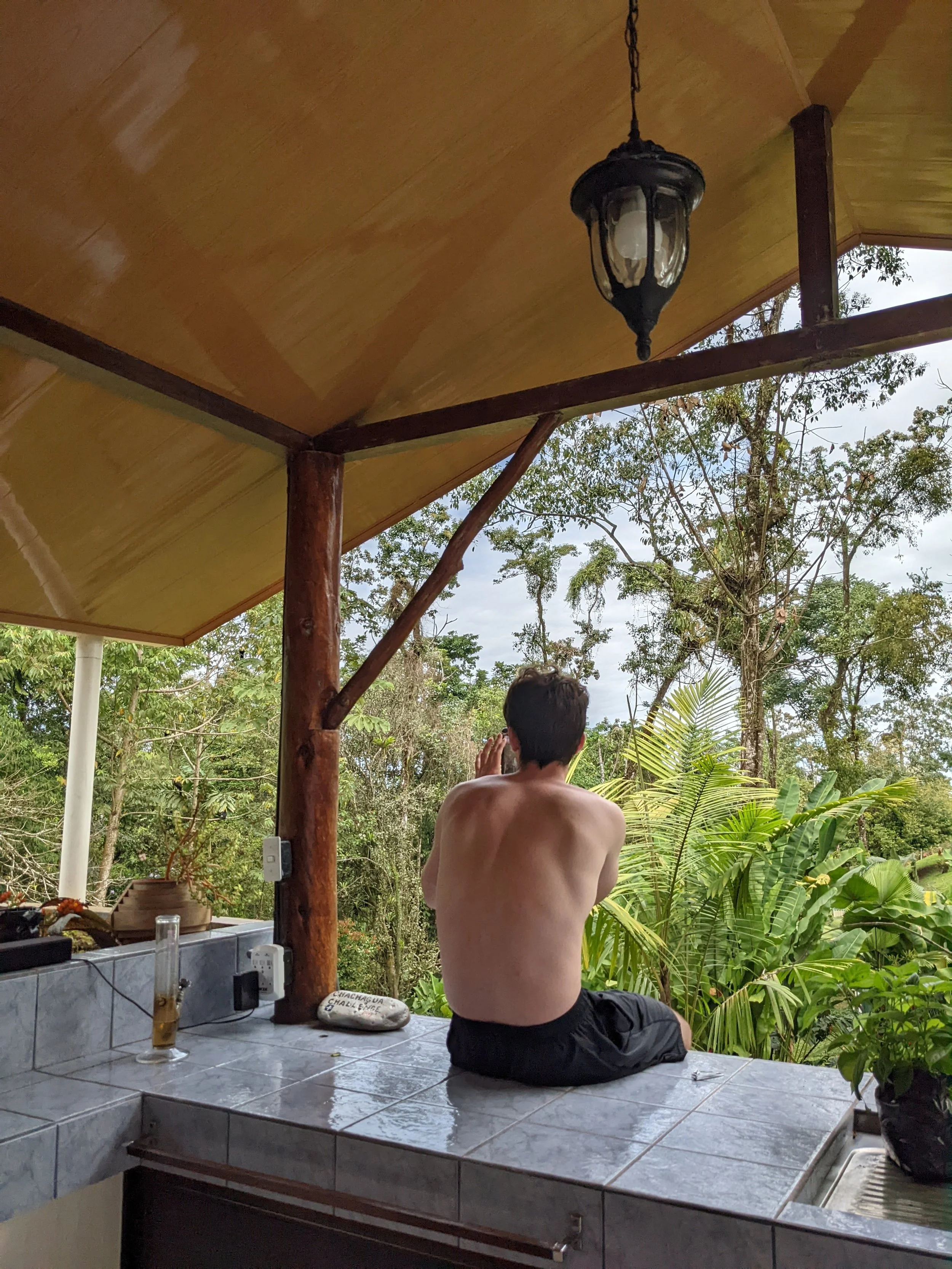 A shirtless man sitting on a tiled countertop outdoors, facing away, with lush green trees and plants in the background.