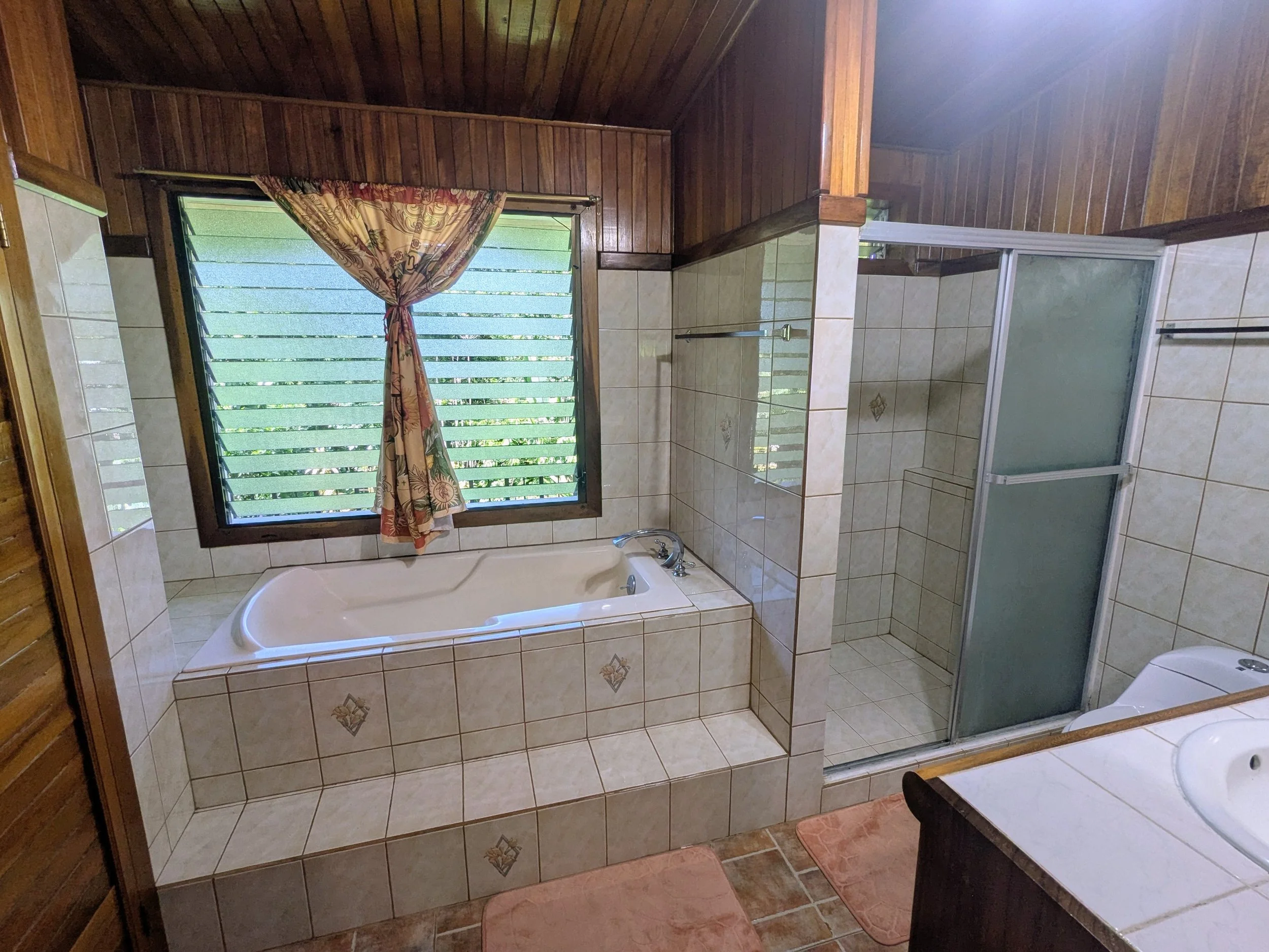 Bathroom with a large window, a bathtub with a curtain, a glass shower enclosure, and a sink with a mirror.