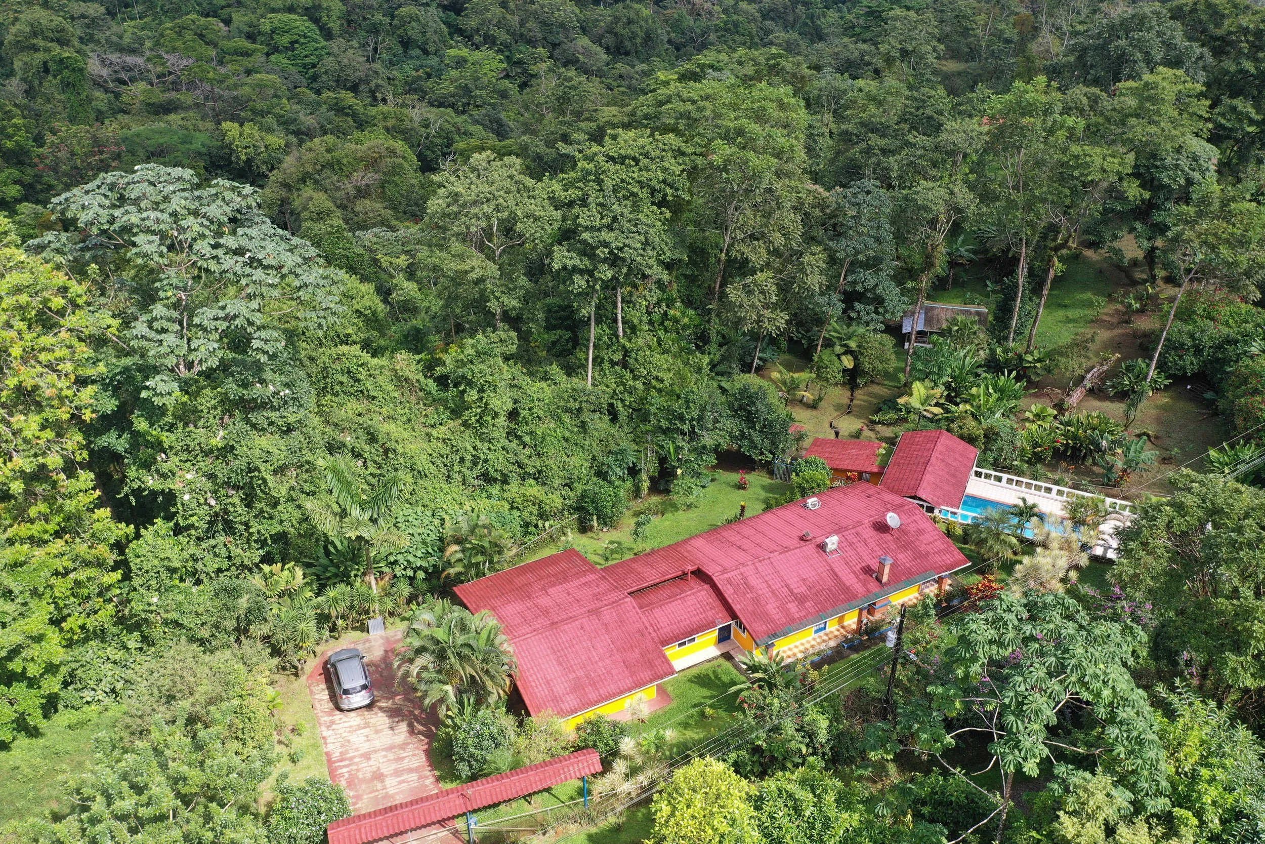 Costa Rica home and airbnb for sale in the jungle. Aerial view of a house with red roof nestled among lush greenery and trees in a forest.