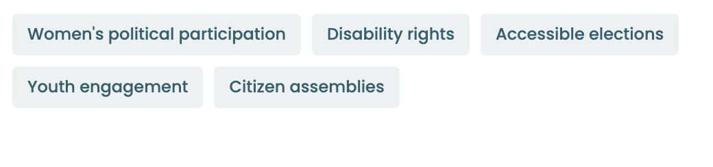 Topic tags for women's political participation, disability rights, accessible elections, youth engagement, and citizen assemblies
