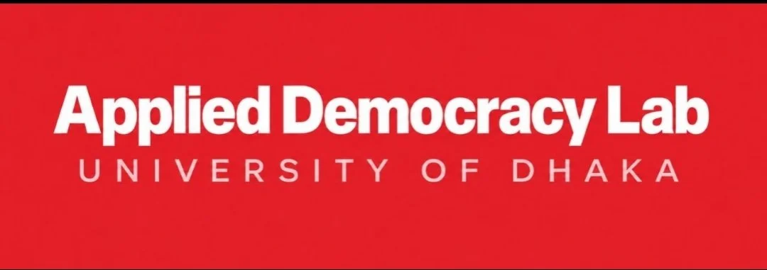 Red background with white text reading 'Applied Democracy Lab University of Dhaka'