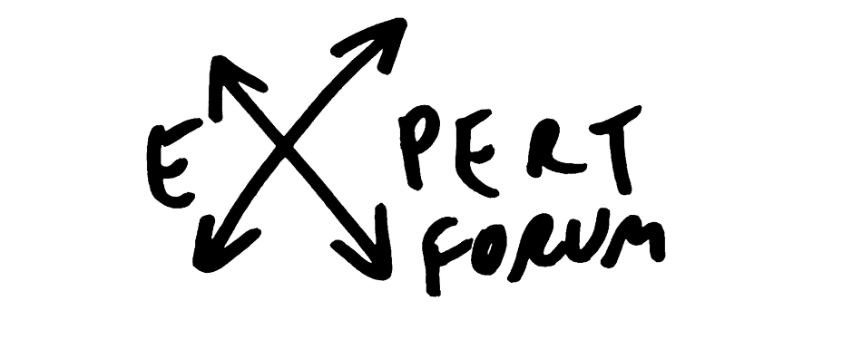 Hand-drawn text that says 'Expert Forum' with crossed arrows behind the word 'Expert'.
