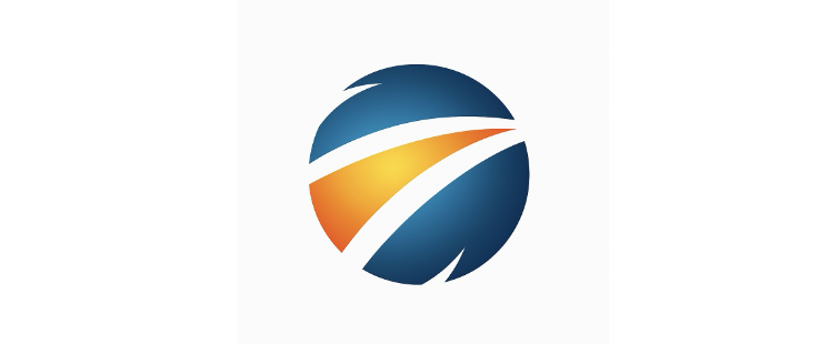 A stylized globe with blue, orange, and yellow curved lines.