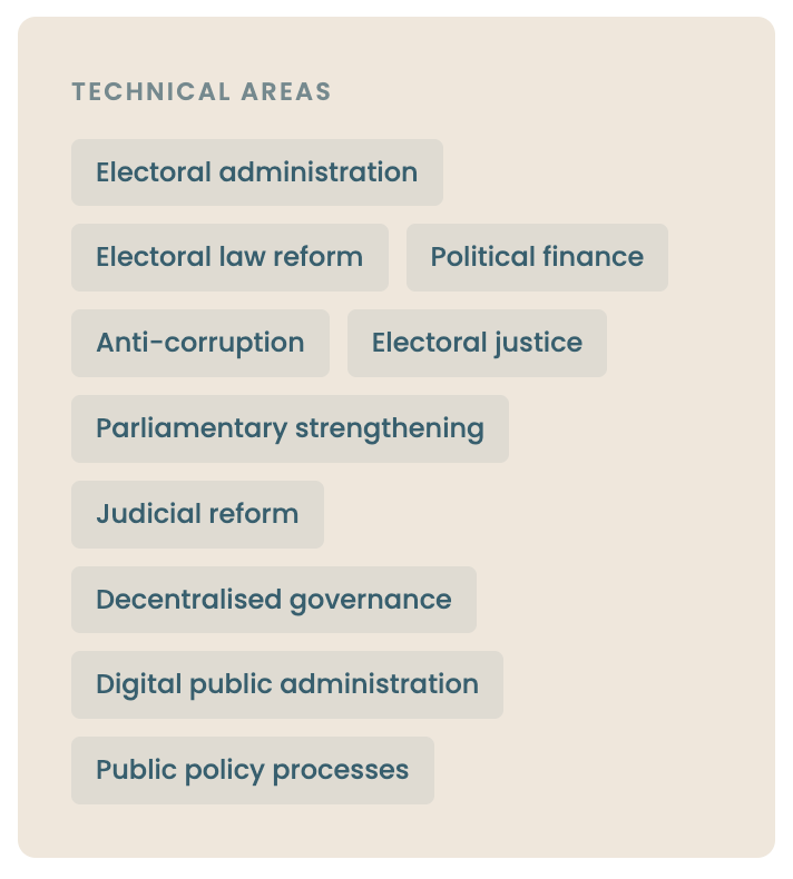Graphic listing technical areas: electoral administration, electoral law reform, political finance, anti-corruption, electoral justice, parliamentary strengthening, judicial reform, decentralised governance, digital public administration, and public policy processes.
