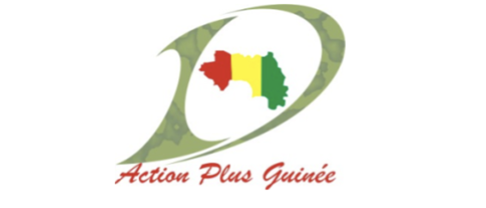 Logo with a map of Guinea colored in red, yellow, and green, encircled by a green swoosh, and the text "Action Plus Guinée" in red.