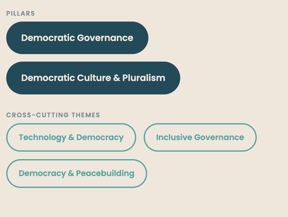 Graphic listing democratic governance and democratic culture and pluralism as pillars, with cross-cutting themes of technology and democracy, inclusive governance, and democracy and peacebuilding.