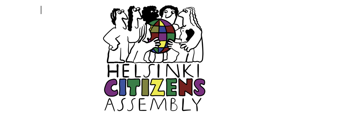 A colorful logo for Helsinki Citizens Assembly features four illustrated people holding a globe with bright colored segments. The text underneath reads 'HELSINKI CITIZENS ASSEMBLY' in black and colorful letters.