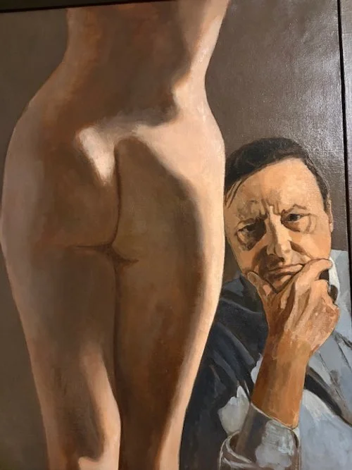 Thomas Yerxa painting of a nude female body from the back and a person with glasses and short dark hair, resting their chin on their hand with a contemplative expression. See-portrait of artist, Thomas Yerxa.